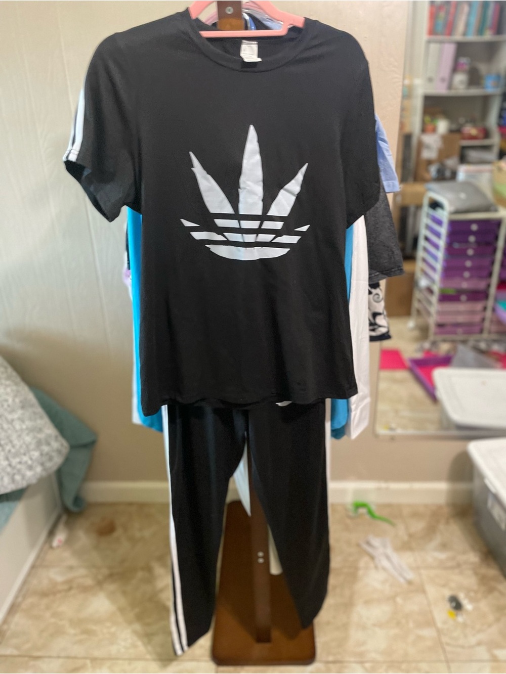 Black Track Pant Jogger Set with White Logo and Stripes